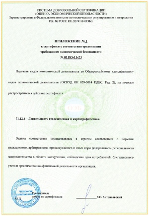 Приложение к сертификату соответствия организации требованиям экономической безопасности